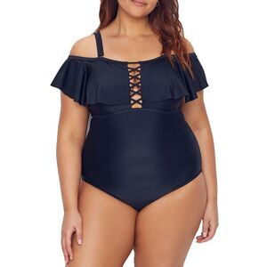 Raisins Curve Women Plus 24W Black Off The Shoulder One Piece Swimsuit NWT DD33